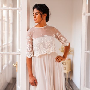 Timeless lace embroidered light beige wedding gown with sleeves