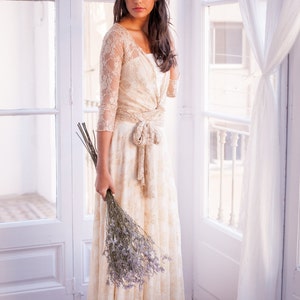 Long sleeve lace wedding dress, lace bridal gowns, romantic wedding dress, lace gown, lace sleeves, lace maxi dress, wrap lace bridal gown