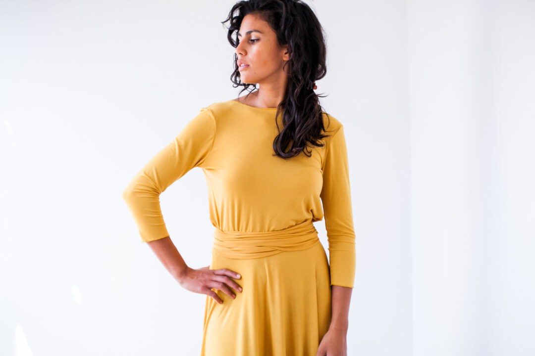 Short Yellow Bridesmaid Dress, Mustard Yellow Wrap Dress, Long Sleeve ...