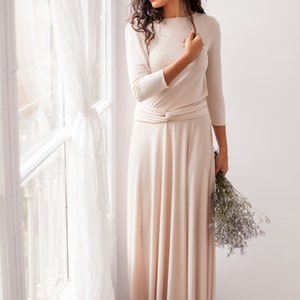 Multi way dress with sleeves, champagne long dress with sleeves, long sleeve dress, champagne bridesmaid dresses, long sleeved dress beige