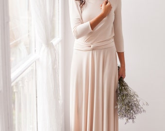 Mehrwege Kleid mit Ärmeln, champagner langes Kleid mit Ärmeln, Langarmkleid, Champagner Brautjungfernkleid, langarm Kleid beige