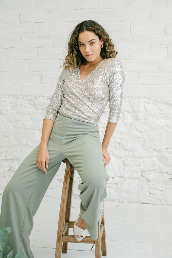 Party Ensemble, Olive Green Pants, Women's High Waist Pants