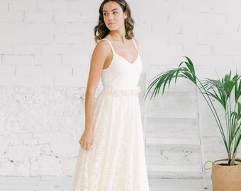 Minimalist wedding dress a line with floral lace skirt, rustic bridal gown with detachable skirt, comfy wedding dress for the romantic bride