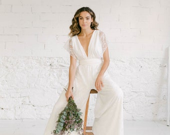 Elfenbein-Spitzen-Jumpsuit für die Braut, minimalistische Hochzeit, Elfenbein-Spitze-Brautspielanzug, wandelbarer Overall für den Empfang, Hochzeit-Overall