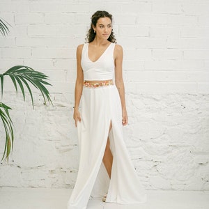 Summer bride dress with slit, white evening dress for wedding, beach wedding dress with opening and short top, city hall wedding, casual