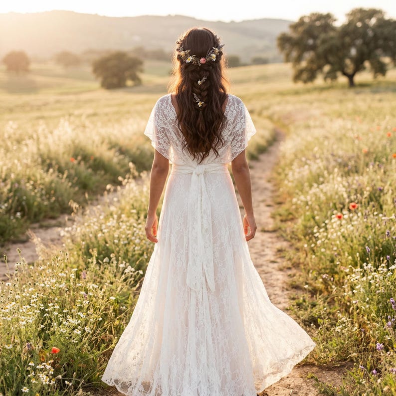 May include: A floor-length white lace dress with short flutter sleeves and a tied waist sash. The dress features a V-neckline and a flowing skirt. The hair is styled in a long braid adorned with a floral crown containing small colorful flowers.