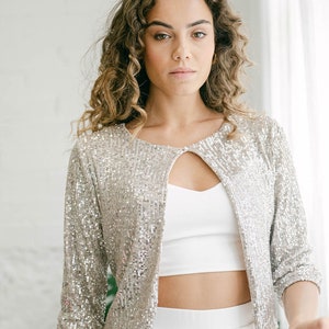 Luxury silver sequin bridesmaids blouse, elegant evening top, metallic wedding outfit, concert party special event jacket