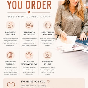 以下が含まれることがあります： BEFORE YOU ORDERというタイトルのインフォグラフィック。ハンドメイド製作、カスタムサイズ、特急注文、世界配送、梱包、カスタマーサポートに関するセクションがあります。テキストにはI'M HERE FOR YOUとMESSAGE ME ANYTIMEが含まれています。