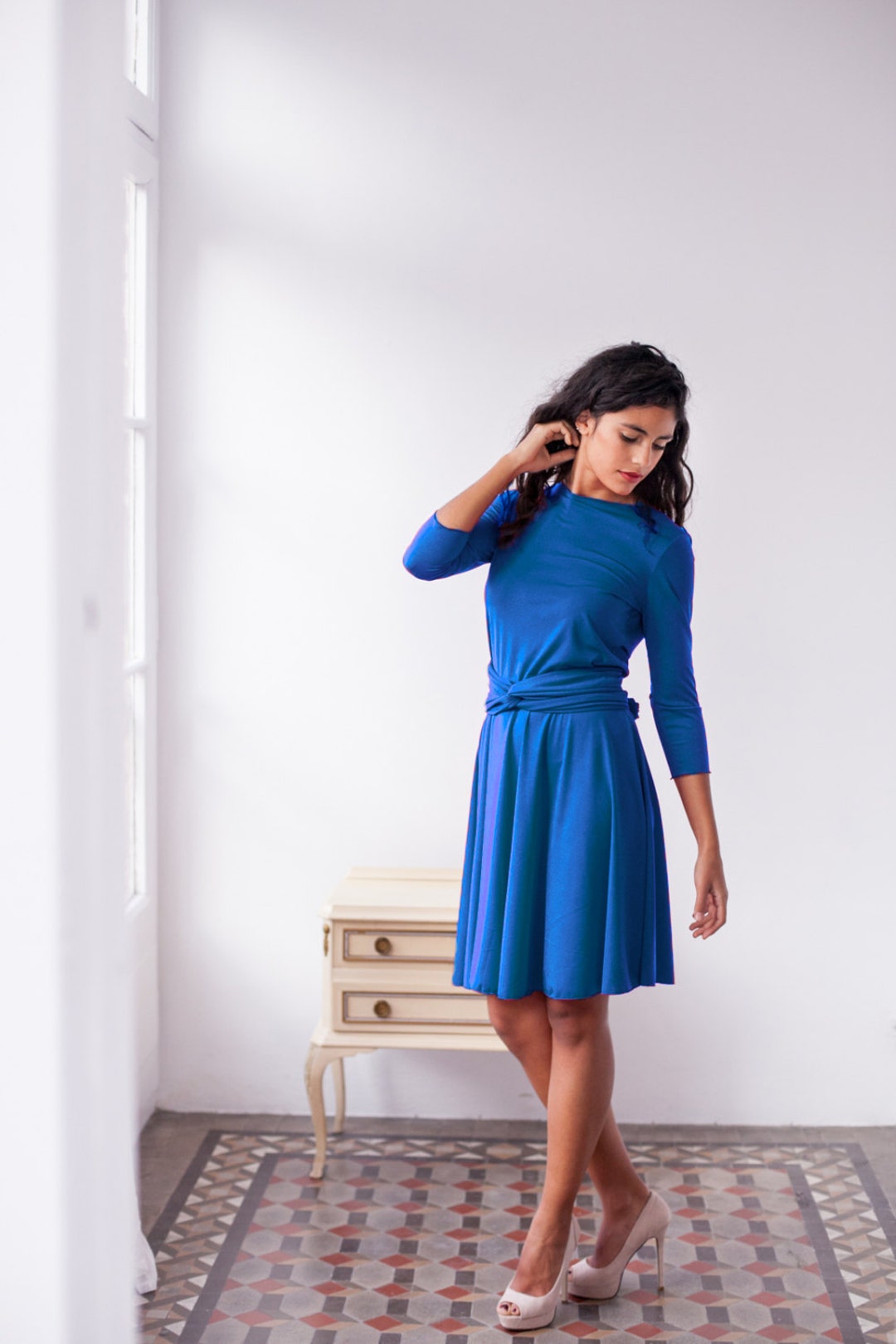 Royal Blue Dress, Long Sleeve Dress, Short Wrap Dress, Royal Blue Convertible Dress, Long Sleeve ...