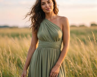 robe multiposition vert mousse, robe longue vert clair, robe kaki, robe longue vert olive, robe infinity verte, robe demoiselle d'honneur