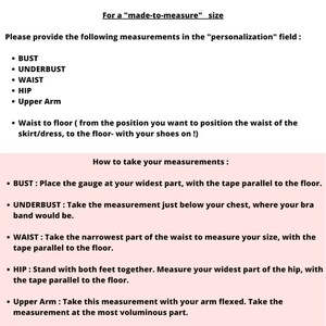 May include: A guide on how to take body measurements for custom clothing. The guide includes instructions for measuring bust, underbust, waist, hip, and upper arm. It also includes a note about measuring waist to floor.