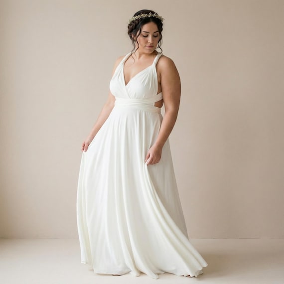 plus size ivory evening dresses Boho Wedding Dress, Convertible Infinity Bridal Gown, Flowy Satin Jersey red-carpet