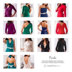 May include: A collection of convertible dresses shown in various colors including purple, green, blue, red, black, and beige. The dresses feature multiple wrapping styles, including halter, off-shoulder, and long-sleeve designs with tie-waist closures.