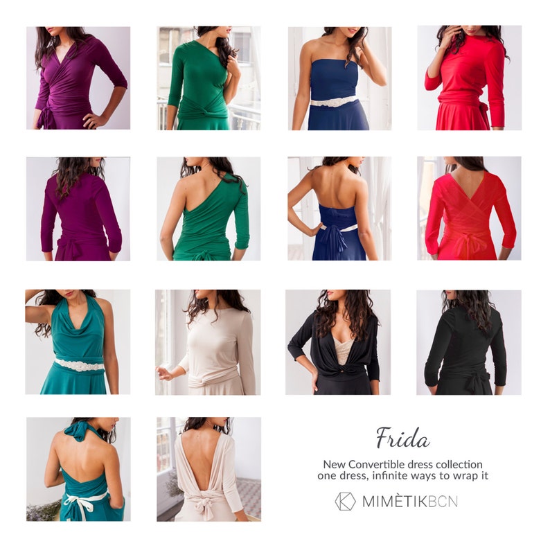 May include: A collection of convertible dresses shown in various colors including purple, green, blue, red, black, and beige. The dresses feature multiple wrapping styles, including halter, off-shoulder, and long-sleeve designs with tie-waist closures.