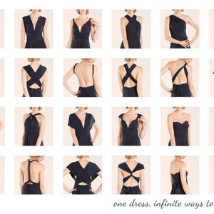 May include: A grid of twenty-eight images displaying a dark navy blue infinity dress styled in various ways, featuring different necklines, back designs, and sleeve configurations. The text at the bottom reads: one dress, infinite ways to wrap it.
