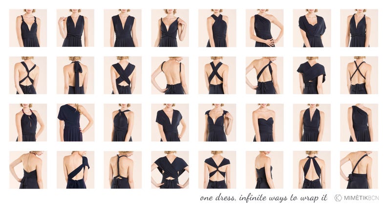 May include: A grid of twenty-eight images displaying a dark navy blue infinity dress styled in various ways, featuring different necklines, back designs, and sleeve configurations. The text at the bottom reads: one dress, infinite ways to wrap it.