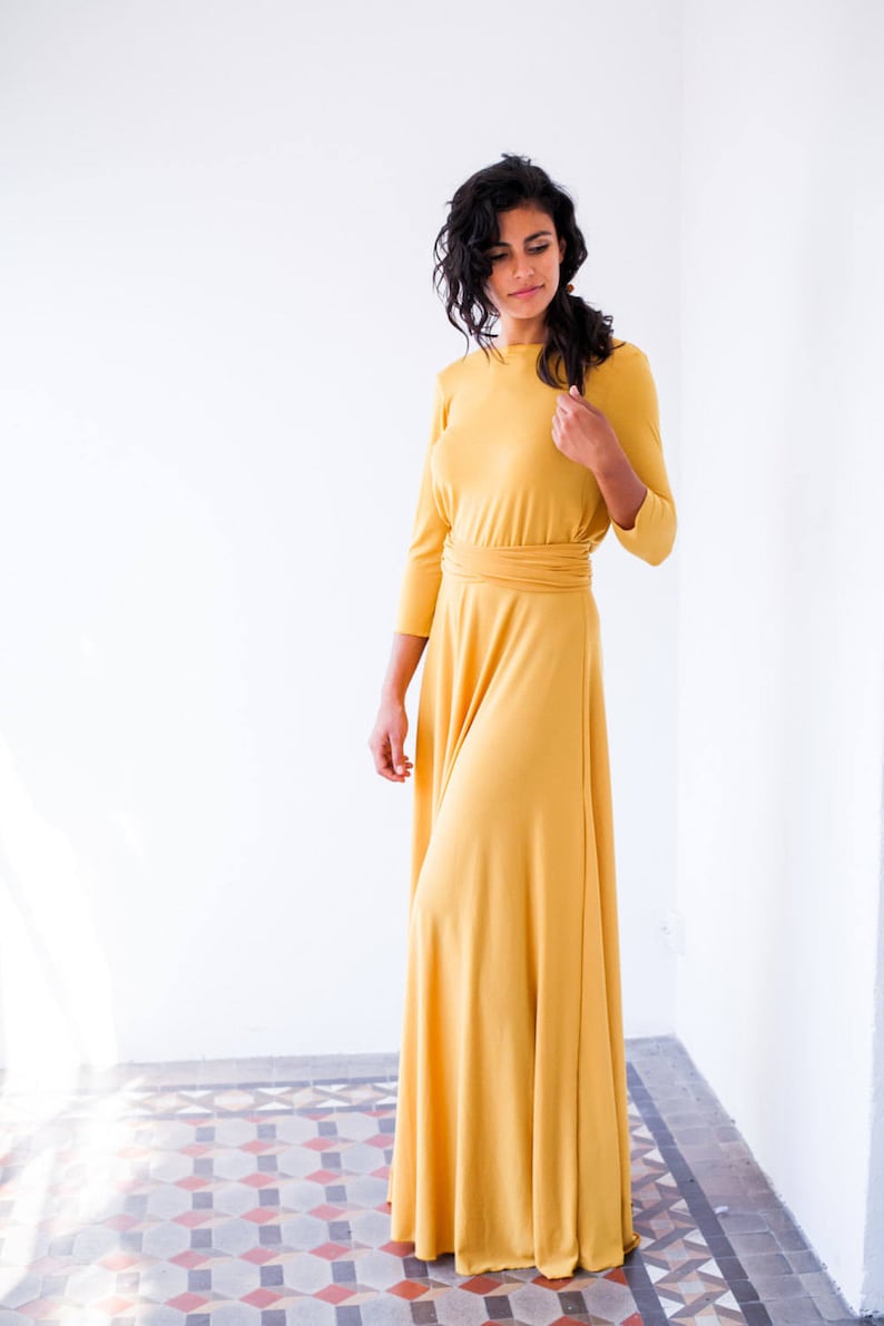 Long mustard dress with sleeves long evening new year's eve dress mustard yellow dress, mustard long sleeve dress, long wrap dress image 3