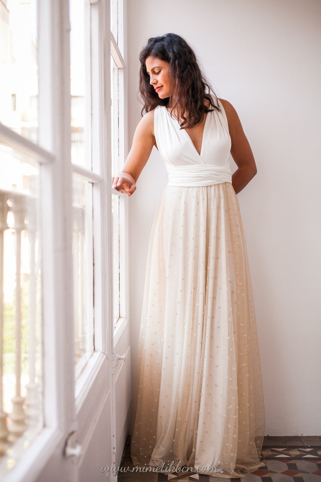 Wedding Dress Beige Tulle, Wedding Dress Tulle, Polka Dot Wedding Gown