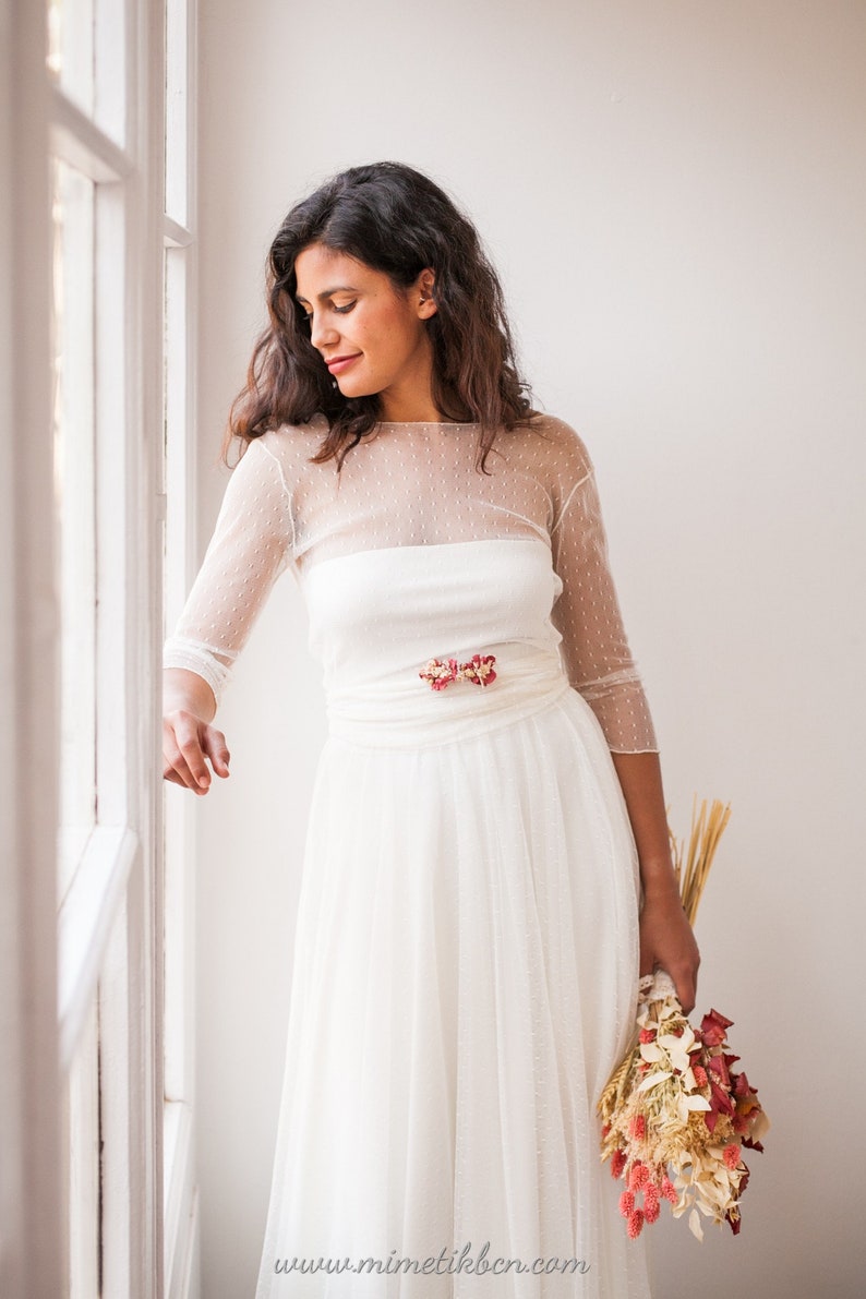 Tulle wedding dress high neck, Tulle sleeve wedding dress with high neck, Ivory wedding dress with sleeves, Wedding dresses tulle dotted image 5