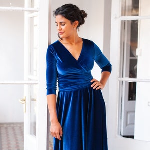 Blue Velvet Wrap Dress: Long Sleeve Royal Blue Gown