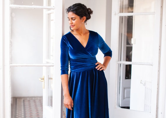 velvet blue wrap dress