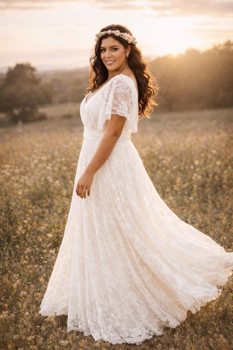 Boho Two Piece Wedding Dress | Lace Overlay Bridal Gown | Minimalist Wedding Dress | Beach Wedding Dress | Bohemian Bride Dress image 6