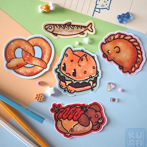 Pan Pals Sticker Set 1 // sticker carini, riccio empanada, gattino hamburger, serpente pretzel, pesce baguette, cane hot dog