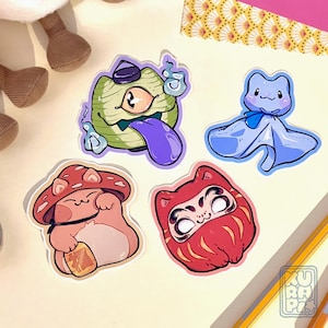 Gattini Yokai Sticker Set 1 // adesivi animali carini, daruma gatto, fungo manekineko, teru teru bozu, chochin-obake, japanese kawaii