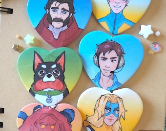 Przypinki w kształcie serca DISPATCH – zestaw 1 // mem, błyszcząca przypinka, gra wideo, Phenomaman, Robert Robertson, Golem, wołowina, Waterboy, blond marynarka