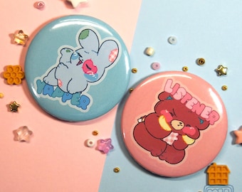Kopi and Chao Button Pins - Yapper & Listener // cute pastel button pin, mood, bunny pin, bear pin, couple pins, meme pins