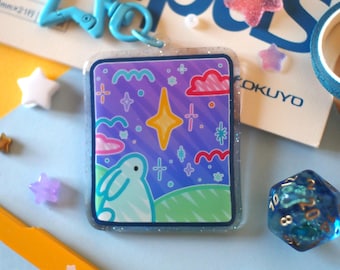 One More Light - 両面グリッターエポキシキーホルダー // かわいいチャーム、オリジナルアート、ウサギ、かわいいウサギ、スクラップブッキング