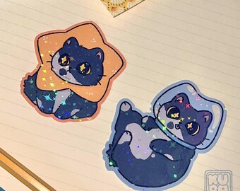 Holographic Space Cat Sticker: Rocket with Stars