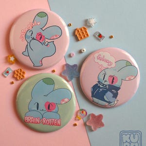 Kopi the Bunny Button Pins 2 // cute pastel pin, bujo, mood, cheeky, brainrot, felony, just a girl, bunny badge