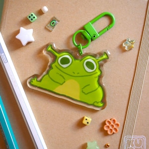 May include: A green frog-shaped keychain with a green clasp, surrounded by small decorative items like dice, stars, and a flower. The keychain is on a brown notebook, with a pen visible on the left side. The overall theme is whimsical and playful.