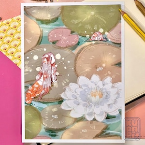 Sirene Koi - Stampa originale // stagno, rilassante, mermay, cottagecore, animali carini, fantasy