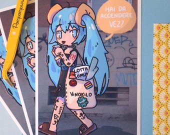ボローニャ・ミク・アートプリント – 光沢写真用紙、ボーカロイド・ミーム・ミニプリント