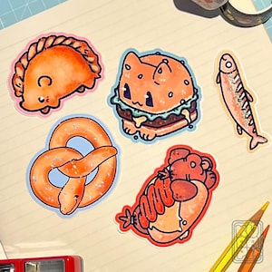 Pan Pals Sticker Set 1 // sticker carini, riccio empanada, gattino hamburger, serpente pretzel, pesce baguette, cane hot dog
