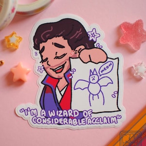 Sticker BG3 Gale - « Je suis un sorcier très acclamé » Dessin de Tara // Sticker meme BG 3, sticker drôle, dnd