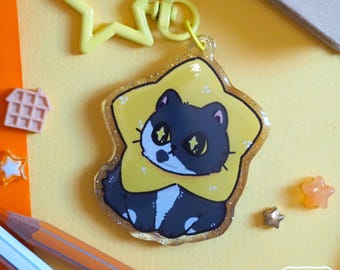ロケット・ザ・スペースキャット - スター - 両面グリッターエポキシキーホルダー // かわいいチャーム、オリジナルアート、猫、かわいい子猫、スクラップブッキング
