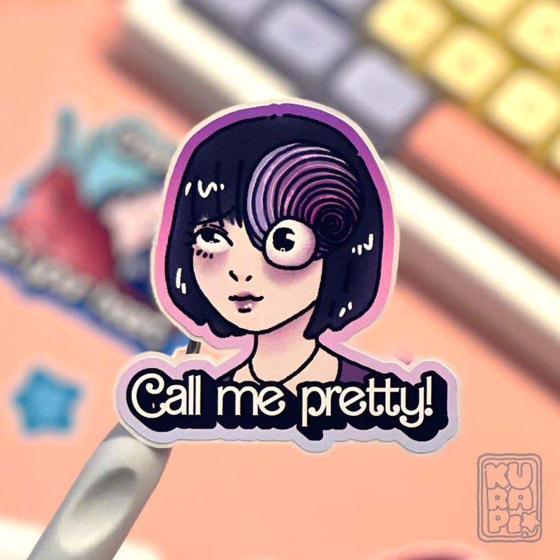 a gradient lilac + purple background sticker depicting Azami Kurotani from the manga Uzumaki by Junji Ito,  with the "Call me pretty!" writing below.