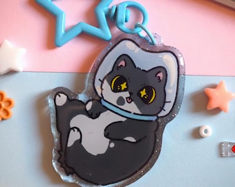 宇宙猫ロケット - 宇宙飛行士 - 両面グリッターエポキシキーホルダー // かわいいチャーム、オリジナルアート、猫、かわいい子猫、スクラップブッキング