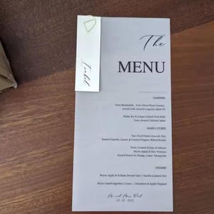 Vellum Wedding Menu With Name Tag Personalised Place Card Elegant Dinner Menu Custom Placecard With Paperclip