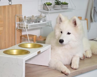 White natural quartz outdoor dog feeder, elevated cat feeding station, raised pet bowl stand for large dog, custom cat lover gift idea