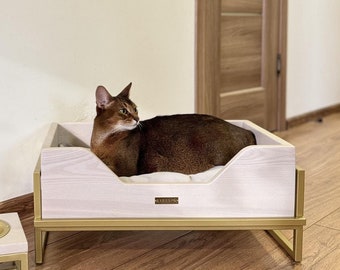 Premium ash wood cat bed with pillow, organic cat couch, modern cat furniture, minimalist raised dog bed, dog bed furniture, cat lover gift