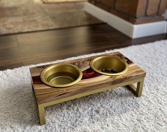 Oak wood red epoxy elevated cat feeding station, raised dog water food stand, epoxy pet furniture, large dog feeding station, dog owner gift