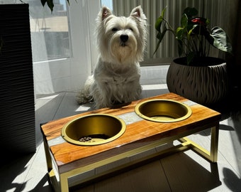 Elevated dog feeding station, premium wood and epoxy raised pet stand, dog mom gift, new puppy gift, dog water food stand, cat food bowl