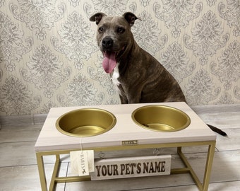 Personalized elevated feeding station for large dogs, custom pet gifts, modern cat furniture, ash wood elevated dog table, cat food bowl