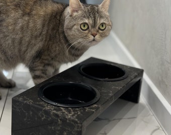 Black natural quartz stone elevated cat feeder, minimalist dog feeding station with 2 bowls, big small dog water food stand, gift dog lovers