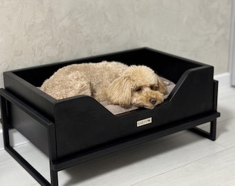 Minimalist black dog bed with pillow, elevated calming dog bed, modern cat furniture, organic cat couch, orthopedic dog bed, cat lover gift