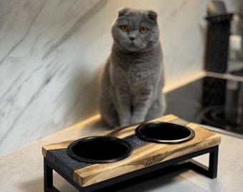 Epoxy wooden elevated pet feeder, raised pet stand, luxury cat feeding station, dog food bowl stand, custom pet gifts, cat lover gift